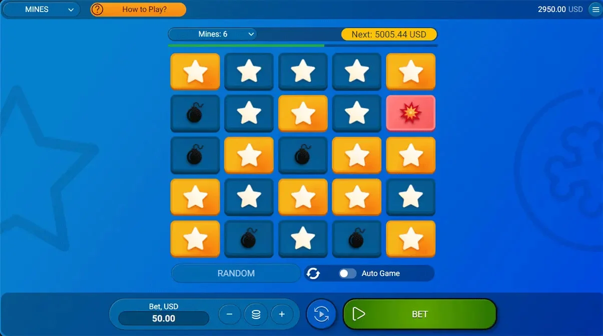 Tela do jogo Mines com 5 minas, aposta de 20 reais e botão Cash Out ativo