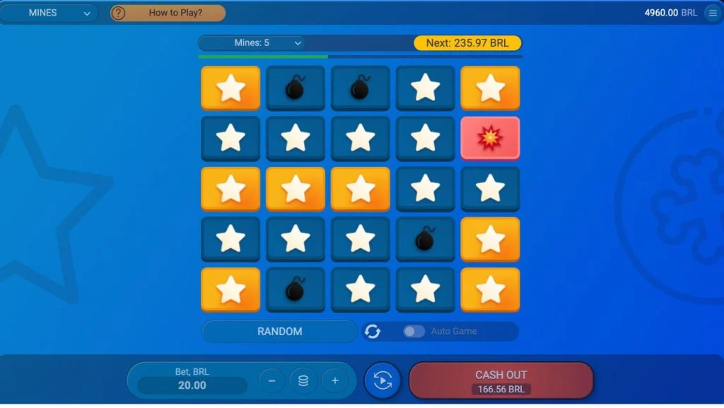 Interface do jogo Mines com 6 minas, aposta de 50 dólares e layout azul interativo