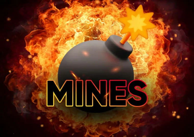 Logotipo do jogo Mines com bomba preta em destaque sobre fundo em chamas